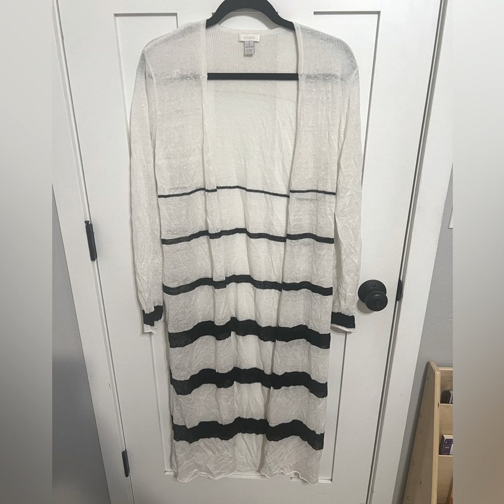 Chico's Size 1 Medium Knit Long Duster Cardigan Black White Stripe Linen Blend